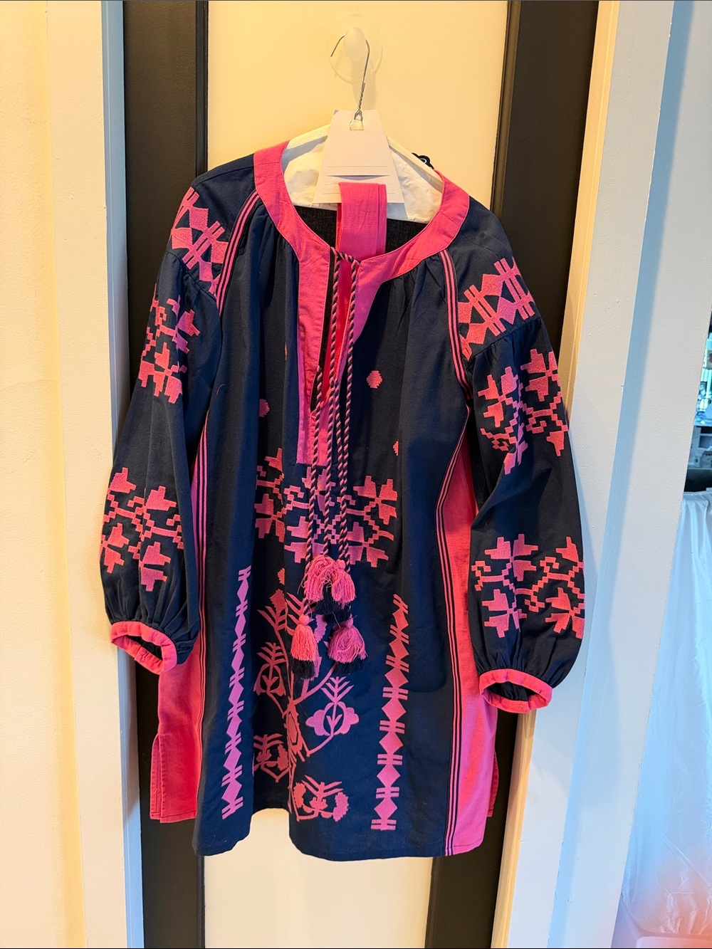 Frances Valentine Navy Long-Sleeve Embroidered Tunic Dress with Pink Accents